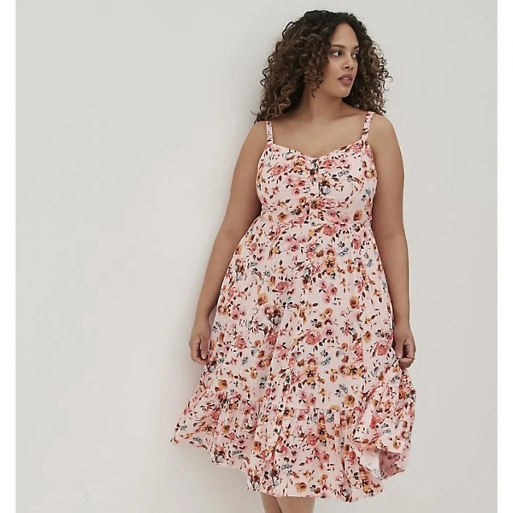Torrid Challis Floral Pink Button Front Midi Dress - Picture 1 of 3